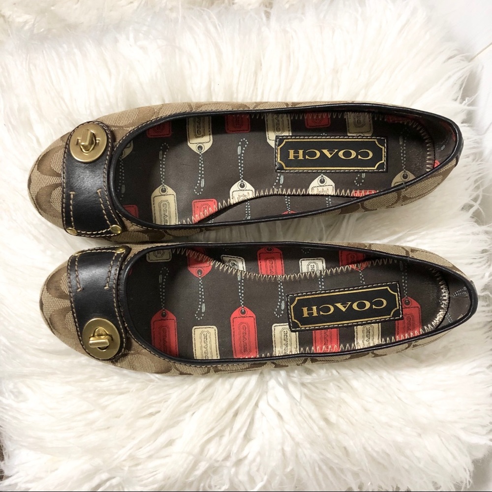 Coach Tan and Brown Logo Ballet Flats